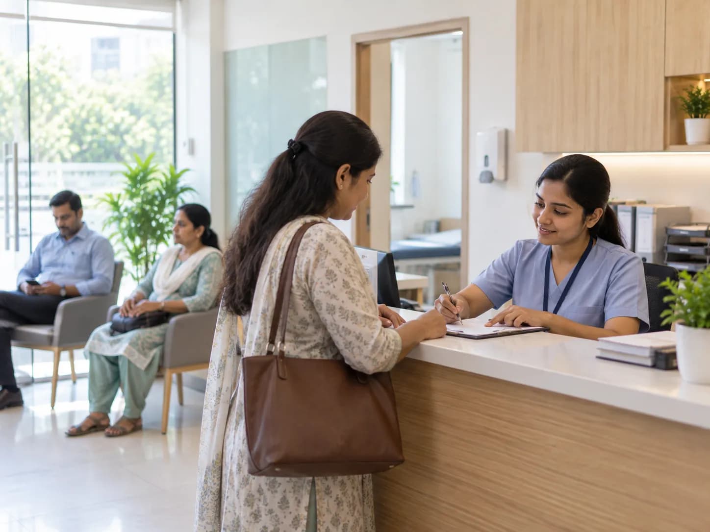 A receptionist checking in a patient at the front desk of a busy neighborhood clinic.