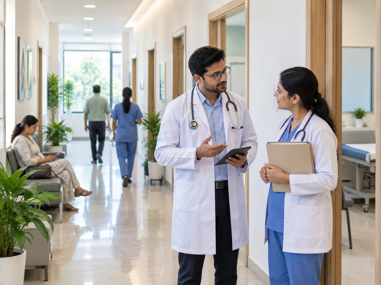 Two clinicians talking briefly in the corridor of a polyclinic with several consulting rooms.