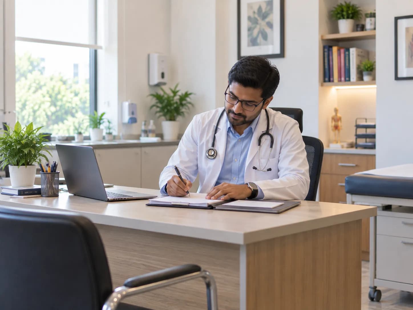 A doctor writing up a consultation at their desk immediately after seeing a patient.