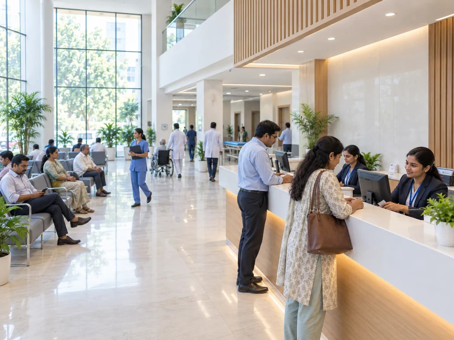 The reception area of a mid-sized hospital with staff attending to patients at the counter.
