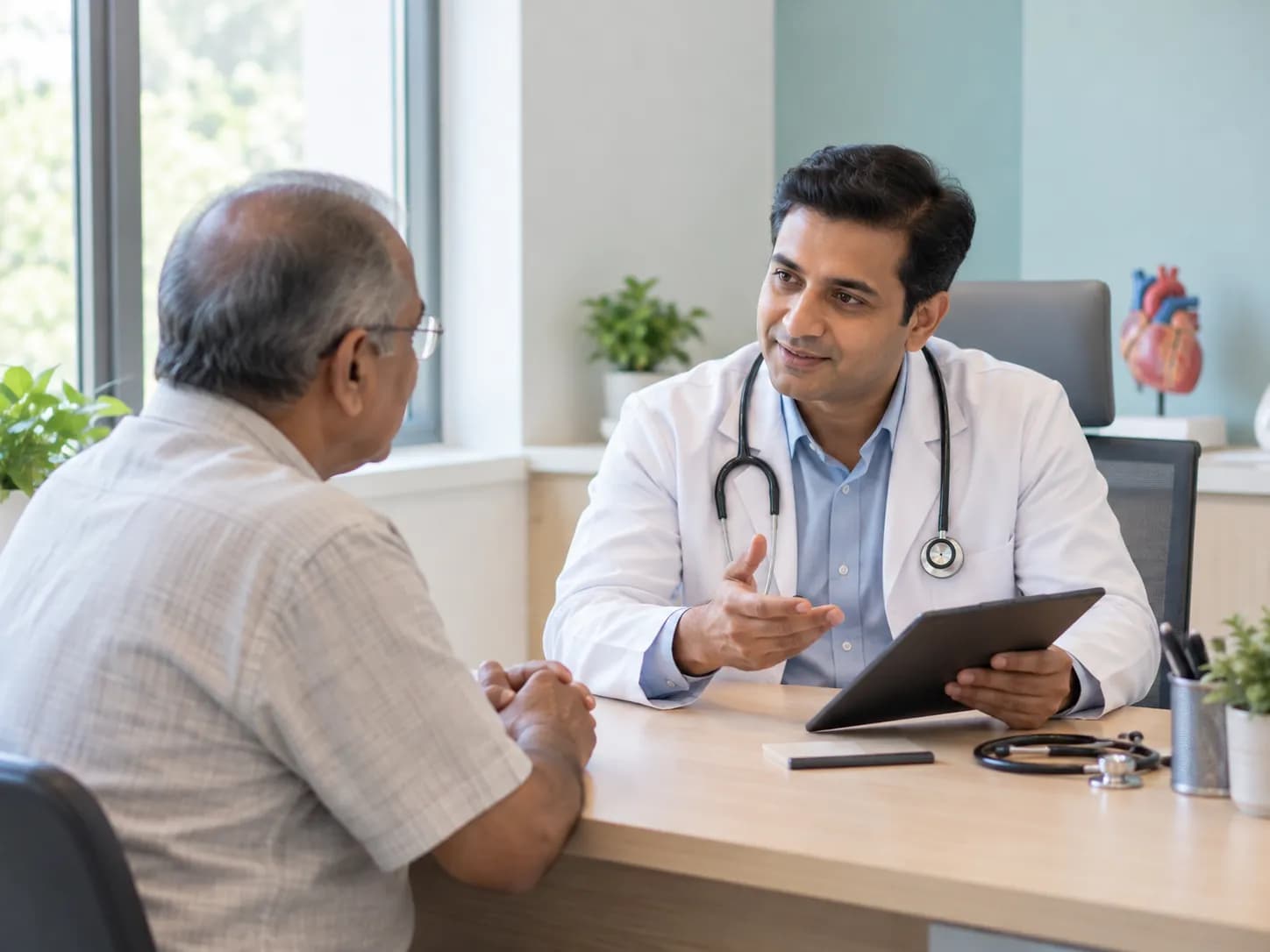 A cardiologist talking through a patient's history with an older adult in a clinic consultation room.