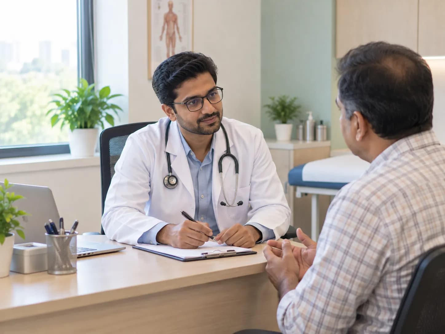 A general physician listening to a patient during a routine outpatient consultation.