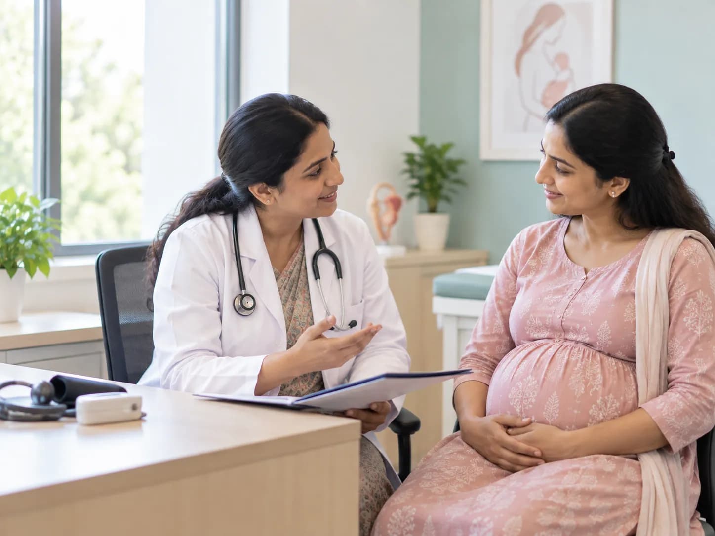 A gynecologist talking with an expectant patient during an antenatal consultation.