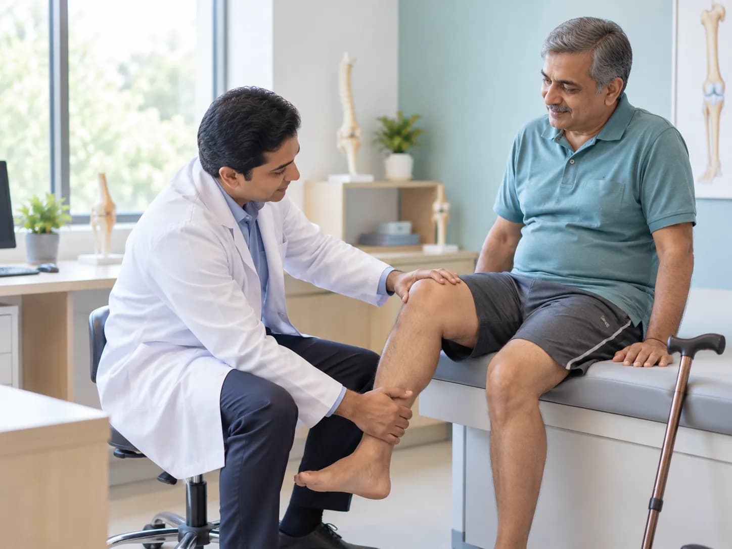 An orthopedic doctor assessing a patient's knee movement during a follow-up consultation.