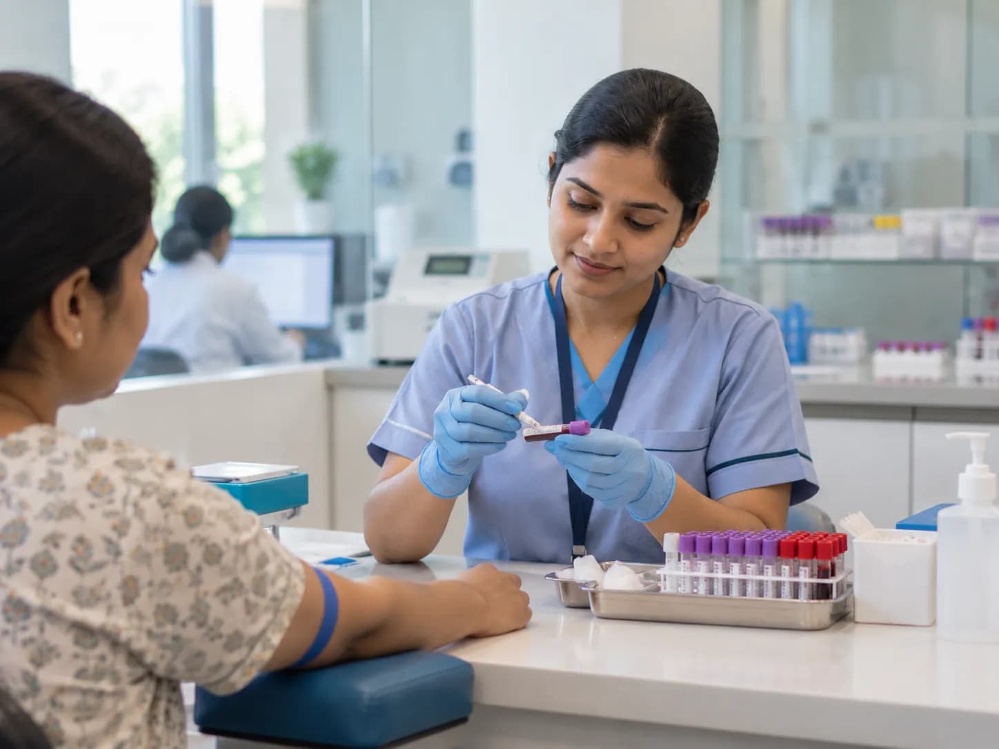 A phlebotomist labeling a sample tube at the collection counter of a diagnostic center.