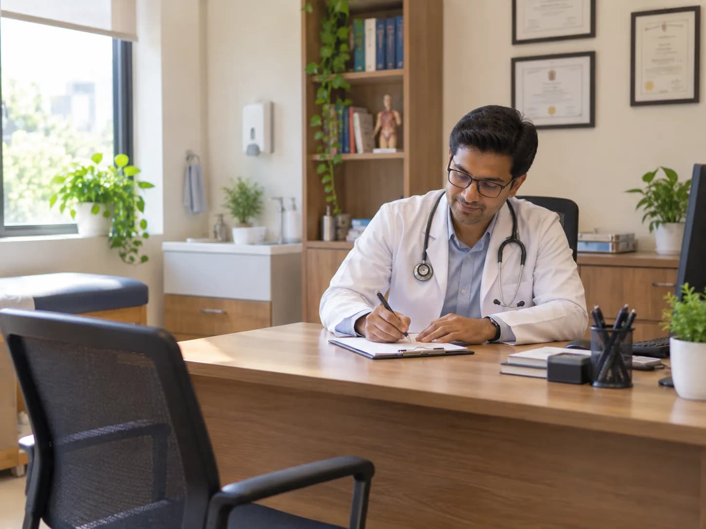 A doctor working alone in a small consulting chamber between patients.