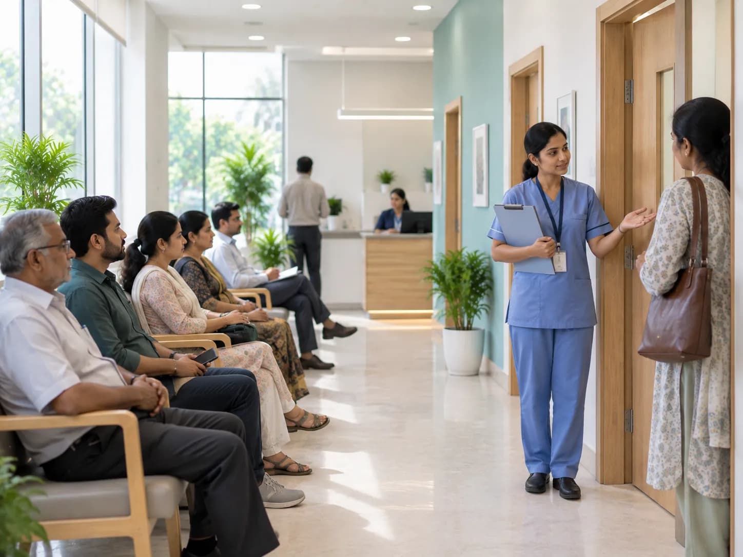 Patients waiting in a clinic's outpatient area while a nurse calls the next person in.