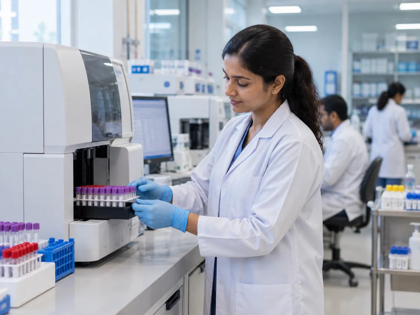 A laboratory technician preparing samples at an analyzer bench in a hospital laboratory.