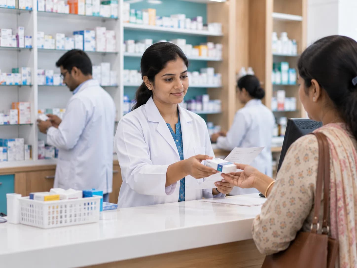 A pharmacist handing dispensed medicines across the counter to a patient.