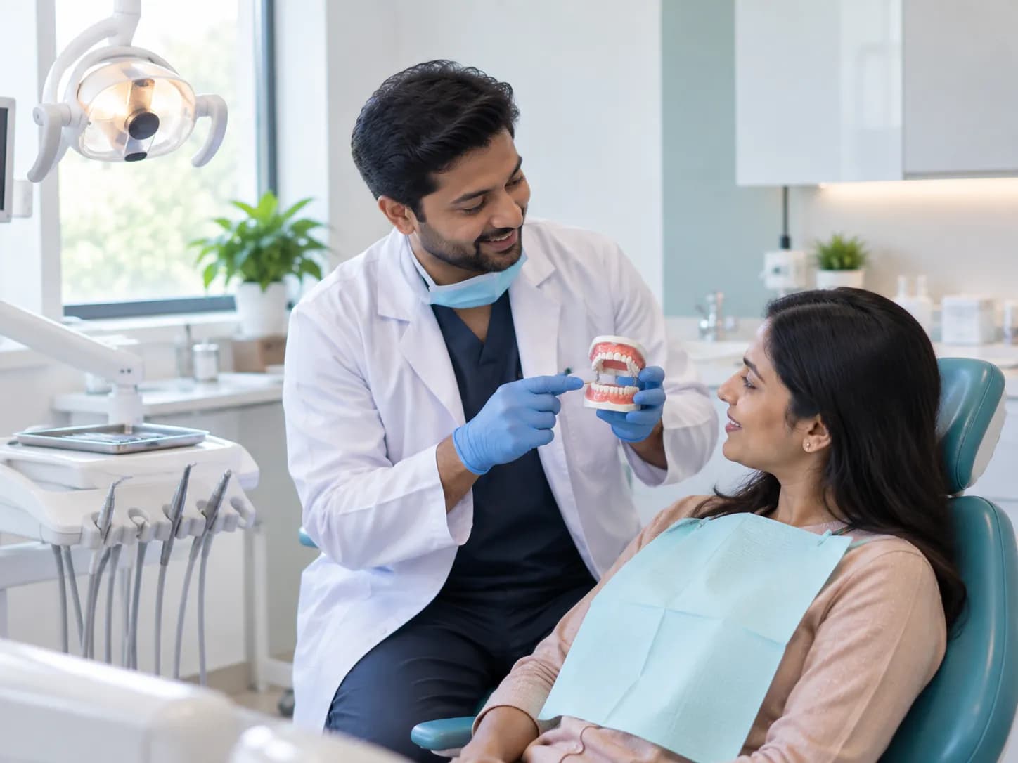 A dentist explaining a treatment plan to a patient seated in a dental chair.