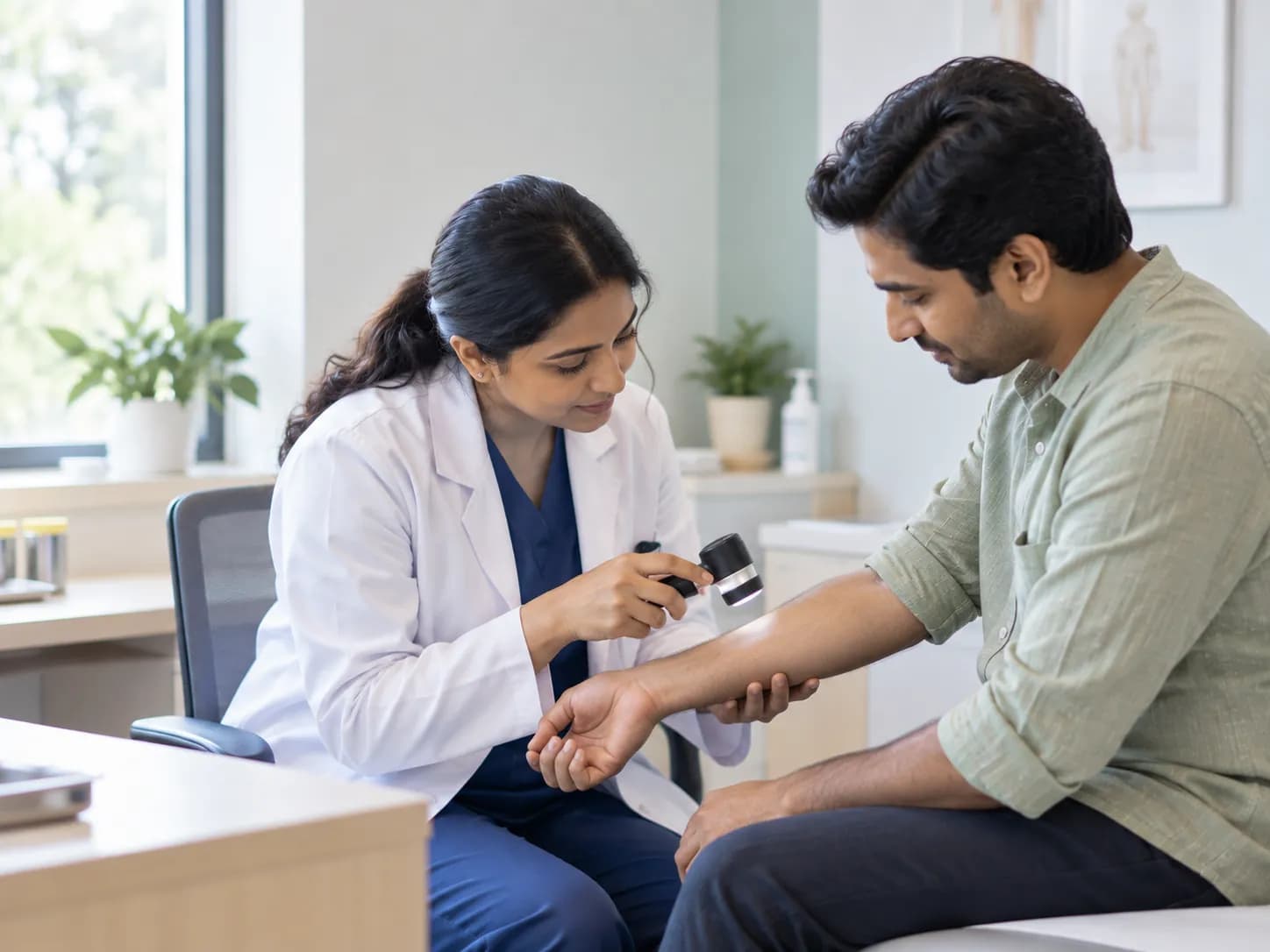 A dermatologist examining a patient's skin using a dermatoscope in a clinic consultation room.