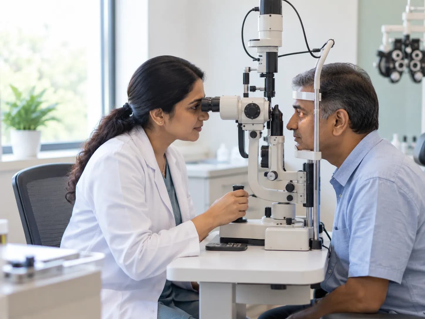 An ophthalmologist examining a patient's eyes at a slit lamp in a consultation room.