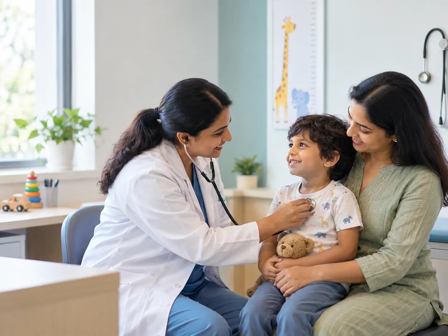 A pediatrician examining a young child while a parent sits alongside in a clinic consultation room.