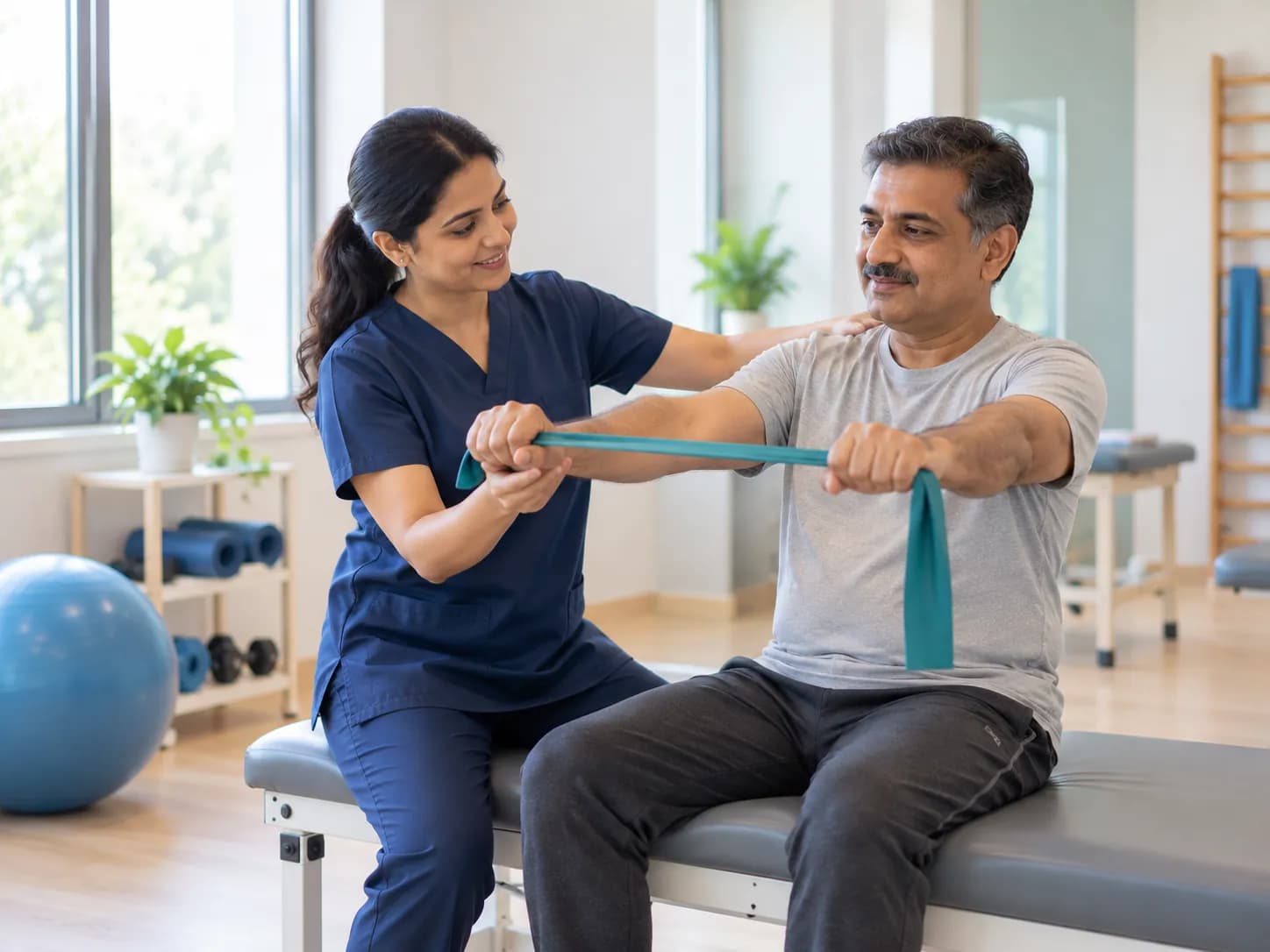 A physiotherapist guiding a patient through a resistance exercise in a rehabilitation room.