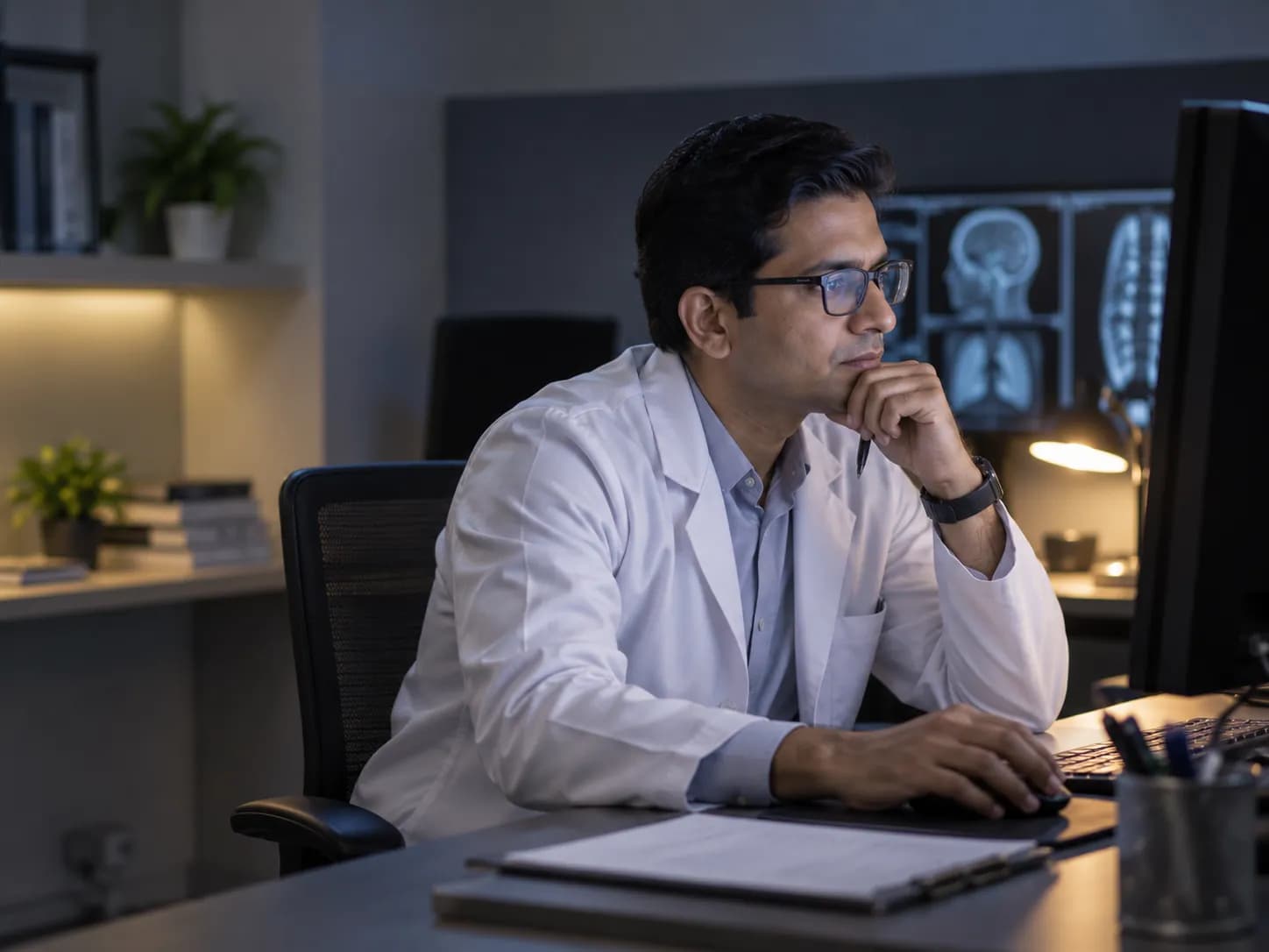 A radiologist reviewing an imaging study at a reporting workstation in a dimly lit reading room.